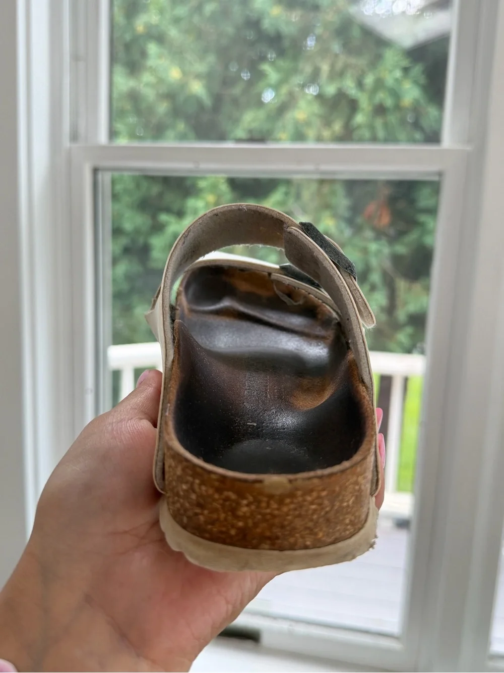 Well worn Birkenstocks Arizona white sandals EU size 38 US size 7